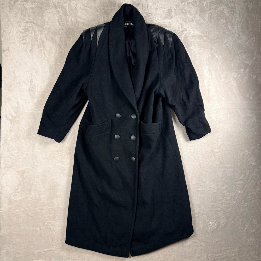 Vintage Jofeld Black Wool Blend Long Coat Leather Shoulder Detail USA Size S - Picture 1 of 12